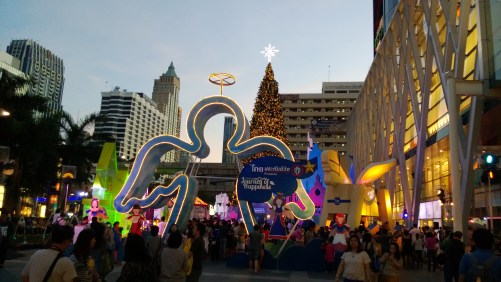 Giant angel, rocking horse and Christmas tree outside CentralWorld mall