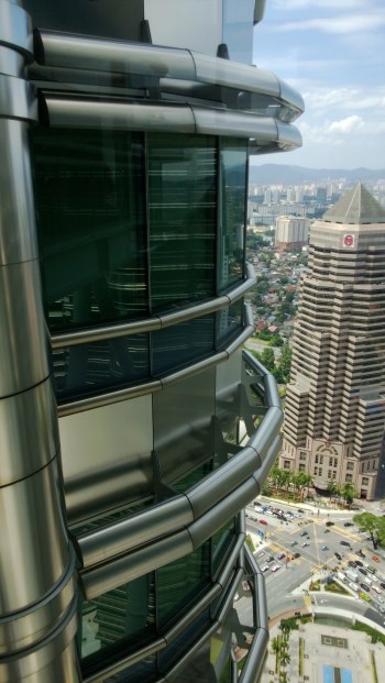 Detail of the stainless steel rings on the towers. These are what make them shine when lit up at night.