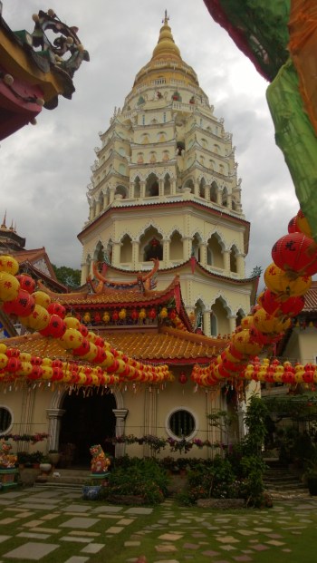 One of the pagodas at the temple complex. Architecturally, the pagoda design is Burmese at the top, Thai in the middle, and Chinese at the bottom.