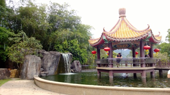 Pagoda, pond and waterfall at the top of the temple.