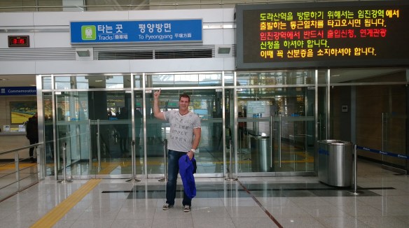 At the train station, waiting for the train to Pyeongyang