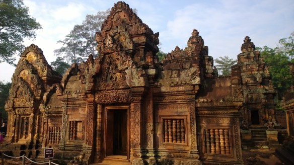 Banteay Srey temple, about 40km away from the main Angkor complex.  The stones here are more of a pink-colored sandstone, giving the temples a stunning color in the sun.