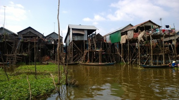 A fishing village on Tonle Sap lake where homes are built on stilts high above the lake.  During the rainy season, the lake fills so the homes are just above the level of the lake.